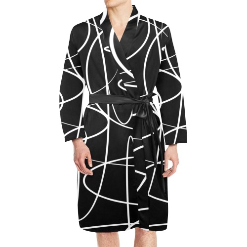 Black and White Doodles Men's Long Sleeve Belted Night Robe (Model H56)