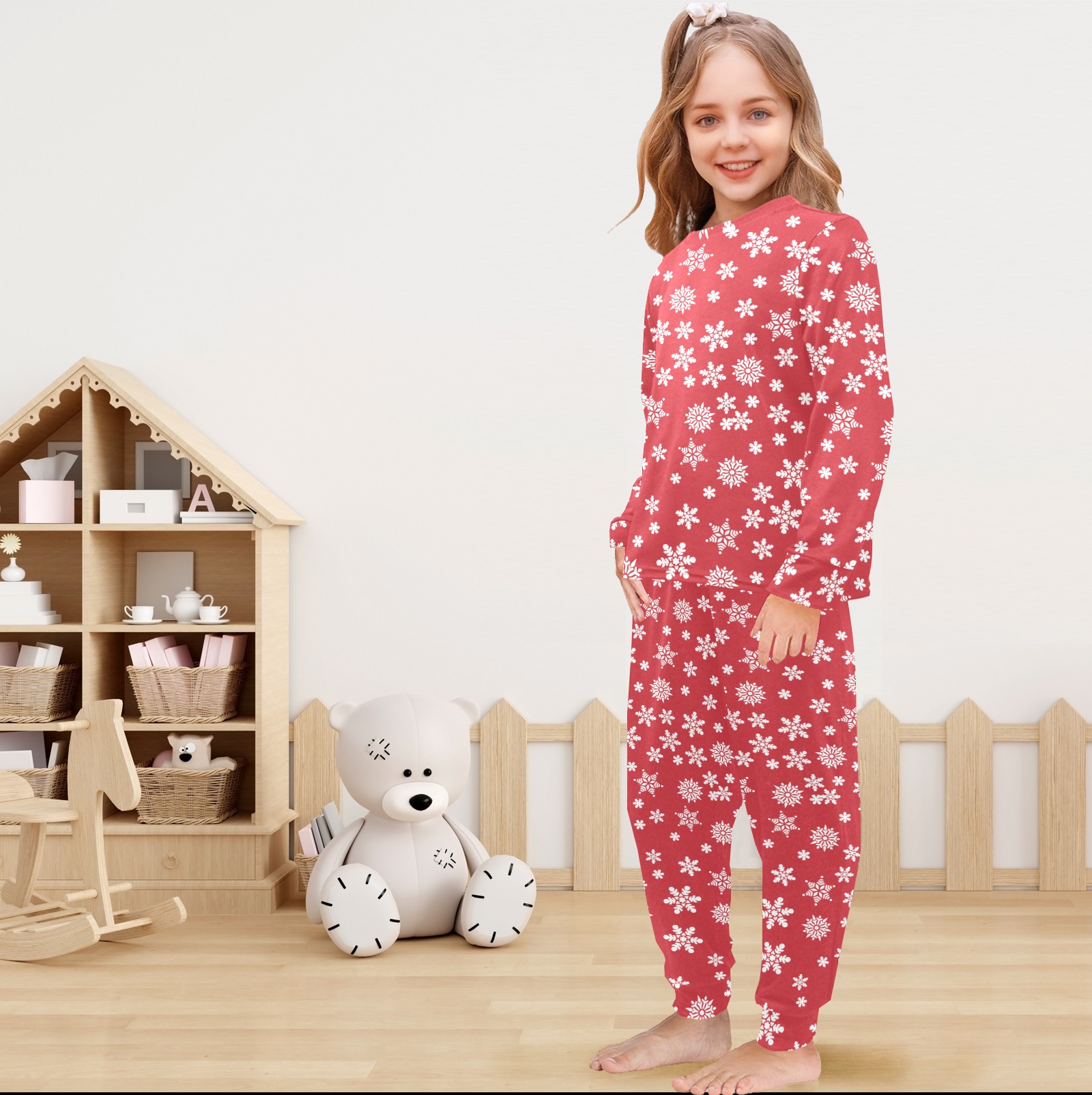 Christmas  White Snowflakes on Red Little Girls' Crew Neck Long Pajama Set