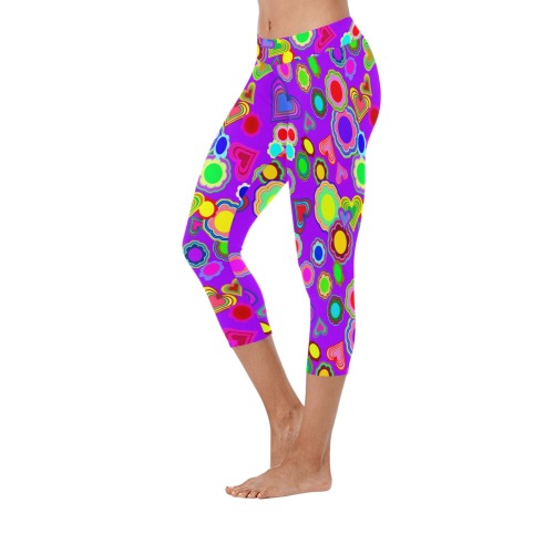 Groovy Hearts and Flowers Purple Women's Low Rise Capri Leggings (Invisible Stitch) (Model L08)