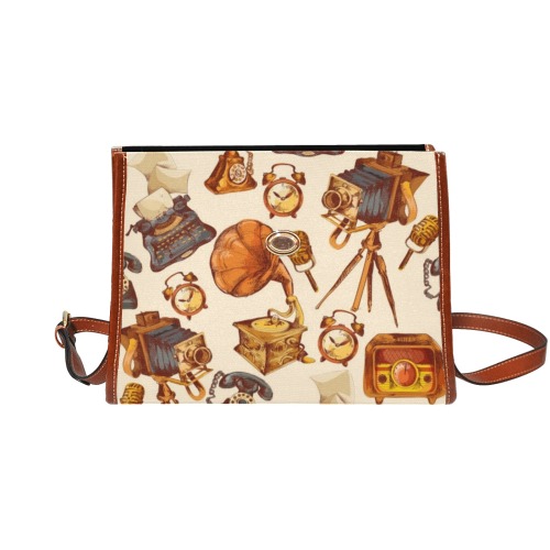 Vintage Phone, Phonograph, camera and more Waterproof Canvas Bag-Brown (All Over Print) (Model 1641)
