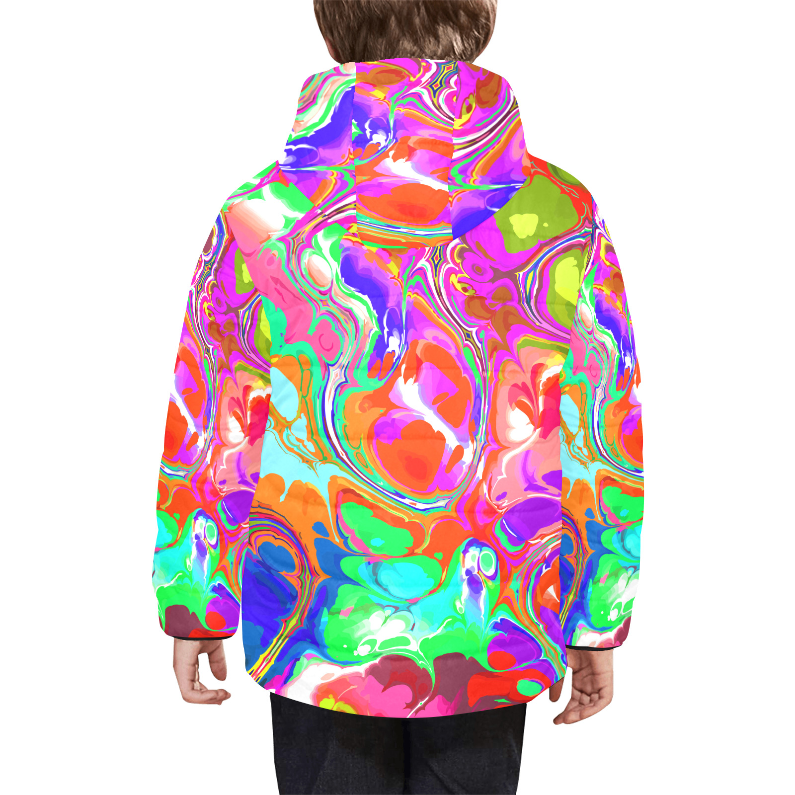 Psychedelic Abstract Marble Artistic Dynamic Paint Art Kids' Padded Hooded Jacket (Model H45)