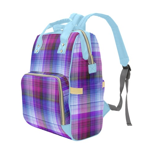 Purple Plaid w/Baby Blue Multi-Function Diaper Backpack/Diaper Bag (Model 1688)