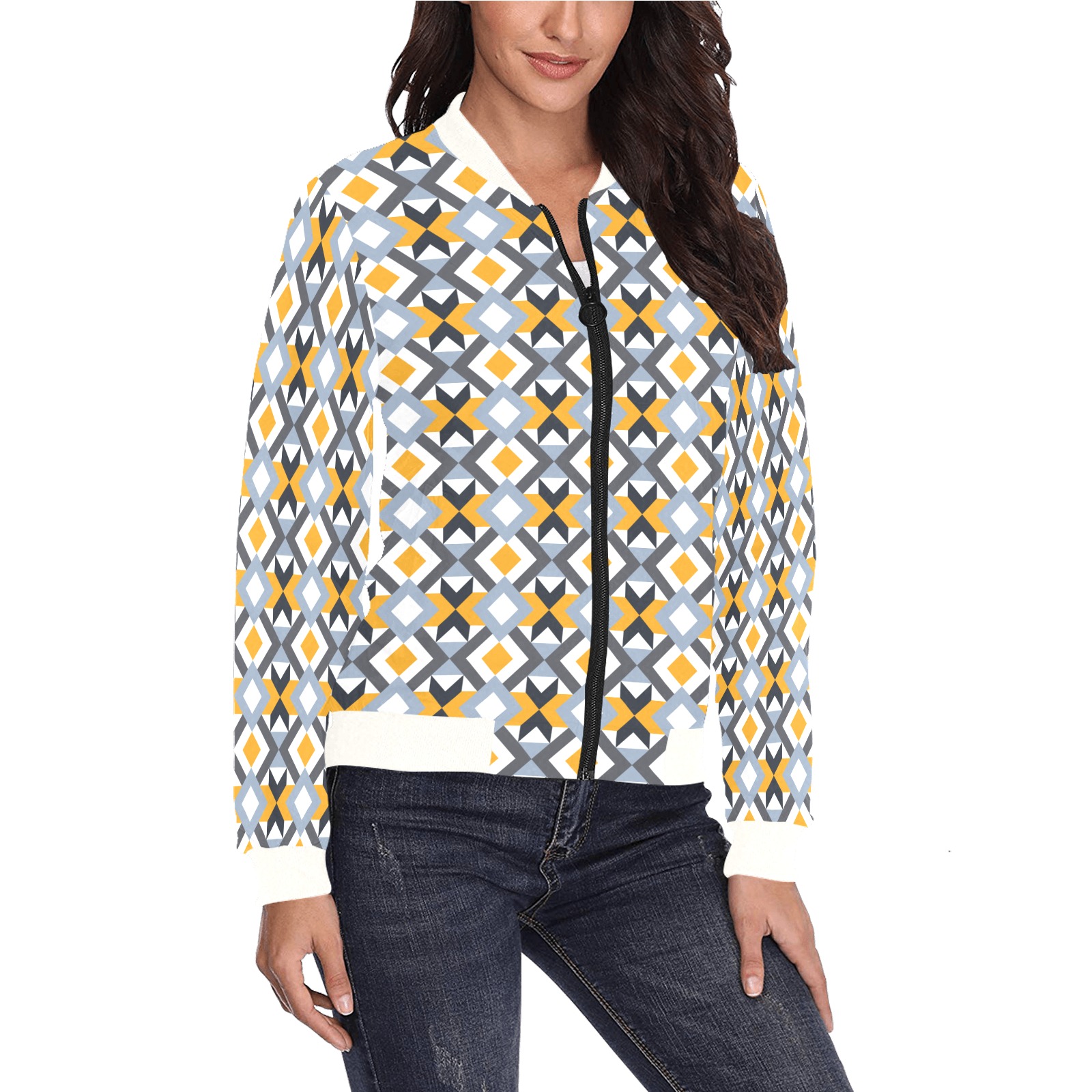 Retro Angles Abstract Geometric Pattern All Over Print Bomber Jacket for Women (Model H36)