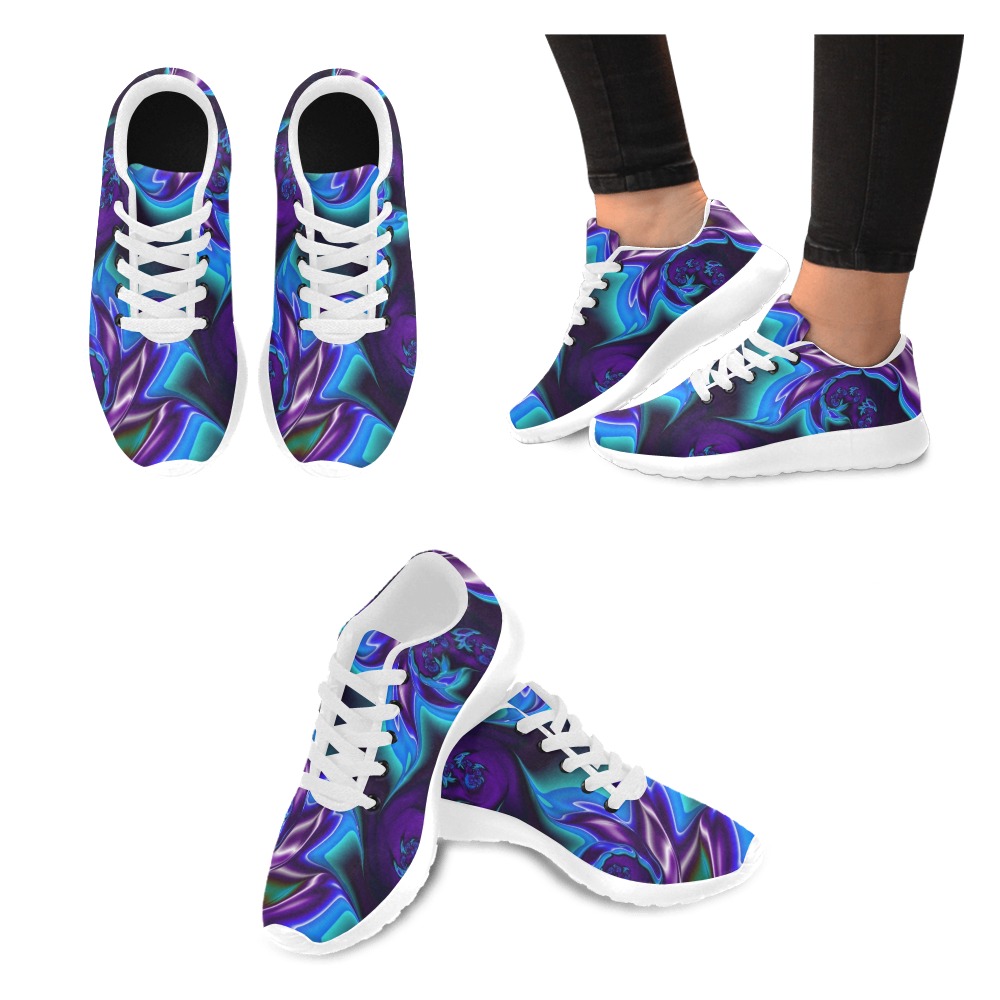 Aqua Blue and Purple Flowers Fractal Abstract Kid's Running Shoes (Model 020)