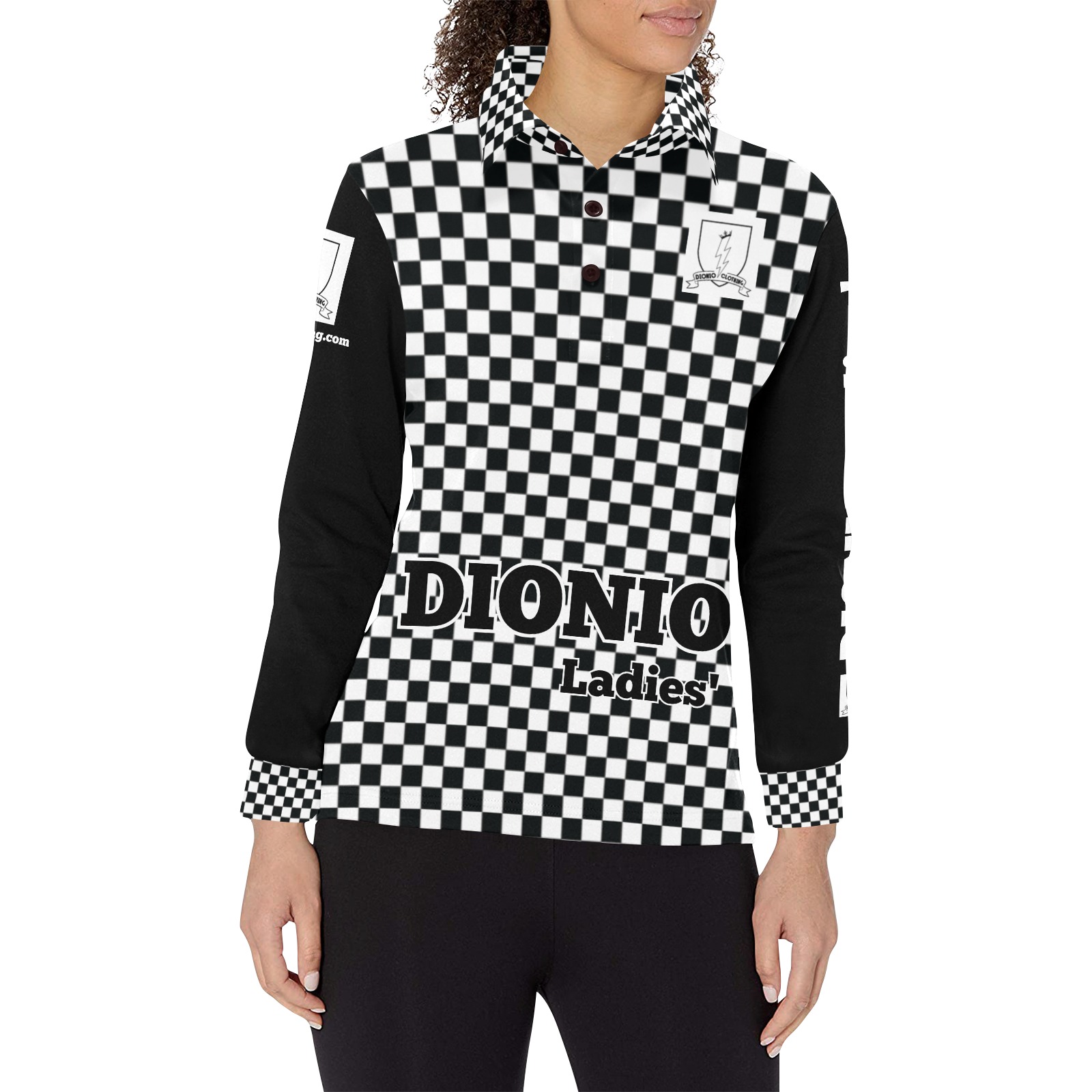DIONIO Clothing - Ladies'  Half-Checkered Long Sleeve Polo Shirt Women's Long Sleeve Polo Shirt (Model T73)