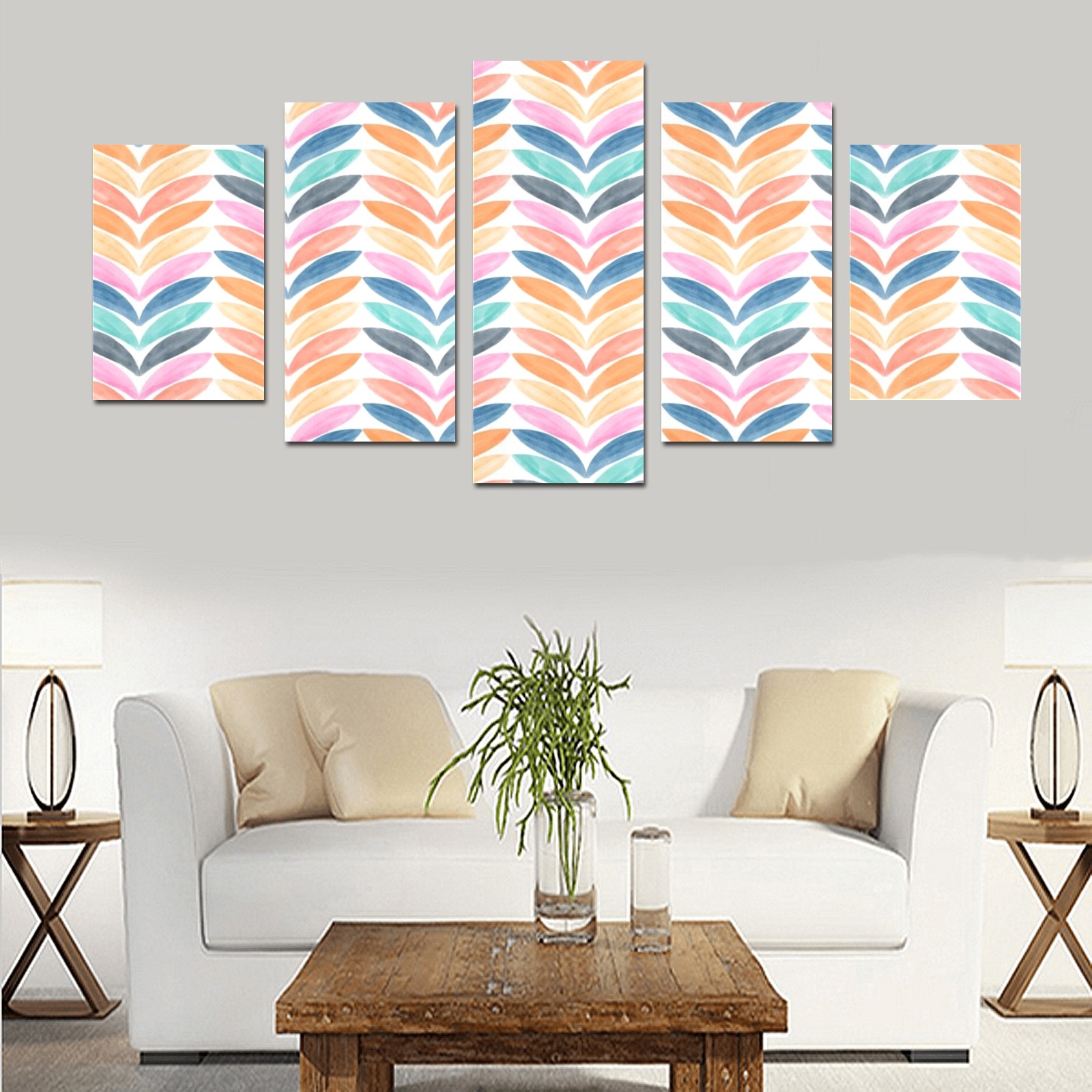 Retro Mod Abstract Leaves Canvas Print Sets D (No Frame)