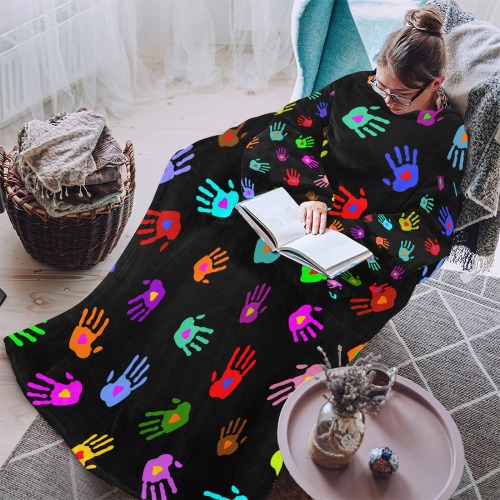 Multicolored HANDS with HEARTS love pattern Blanket Robe with Sleeves for Adults