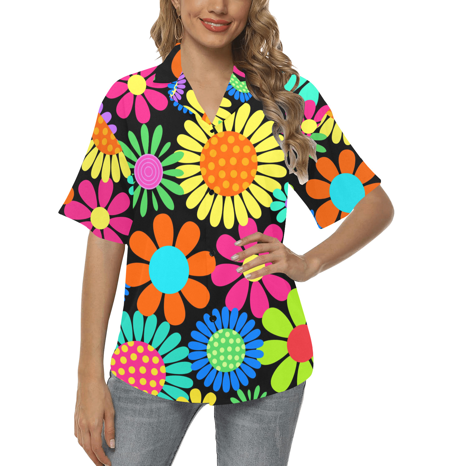 Retro Daisy Flower Power Sixties Hippy Pattern All Over Print Hawaiian Shirt for Women (Model T58)