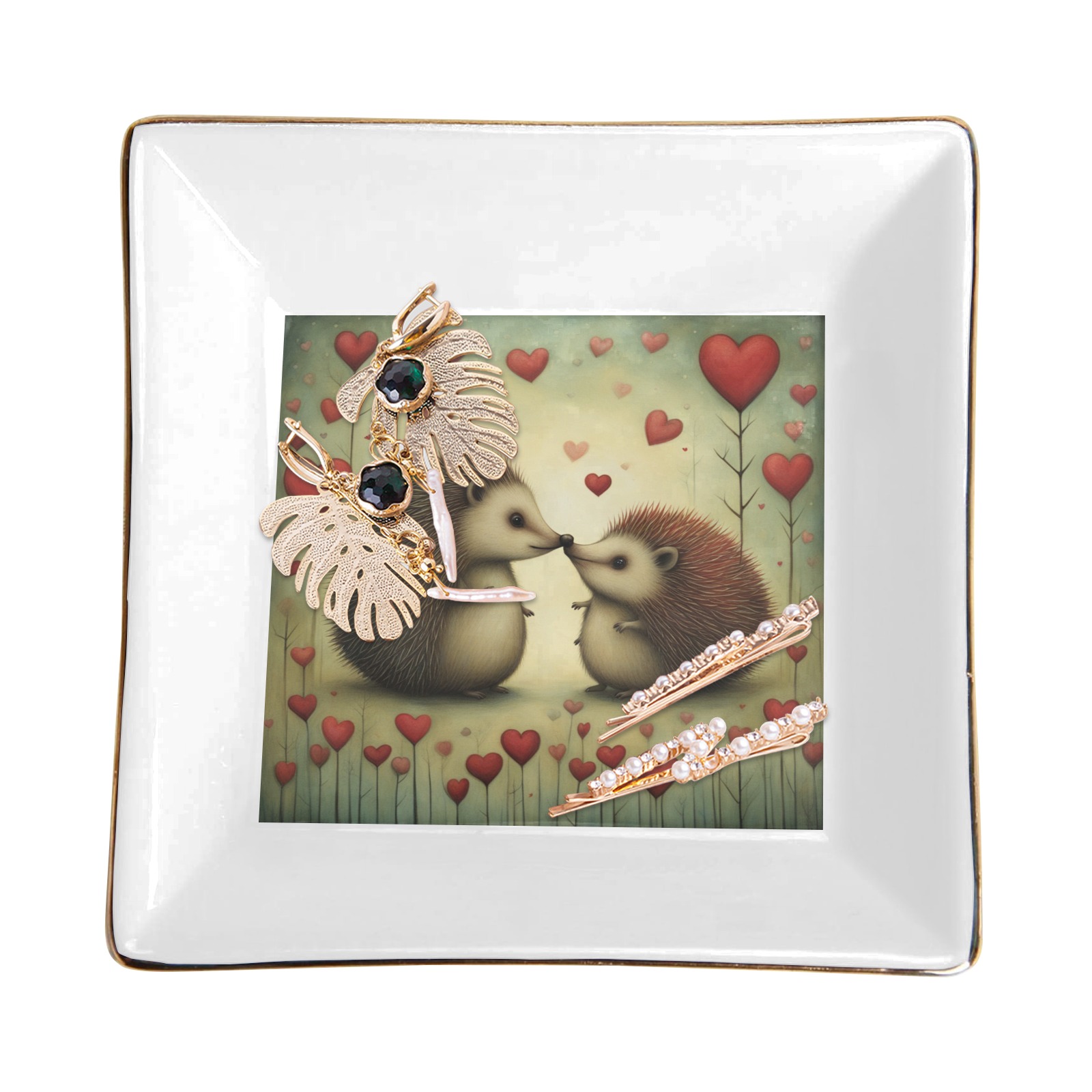 Hedgehog Love 1 Square Jewelry Tray with Golden Edge
