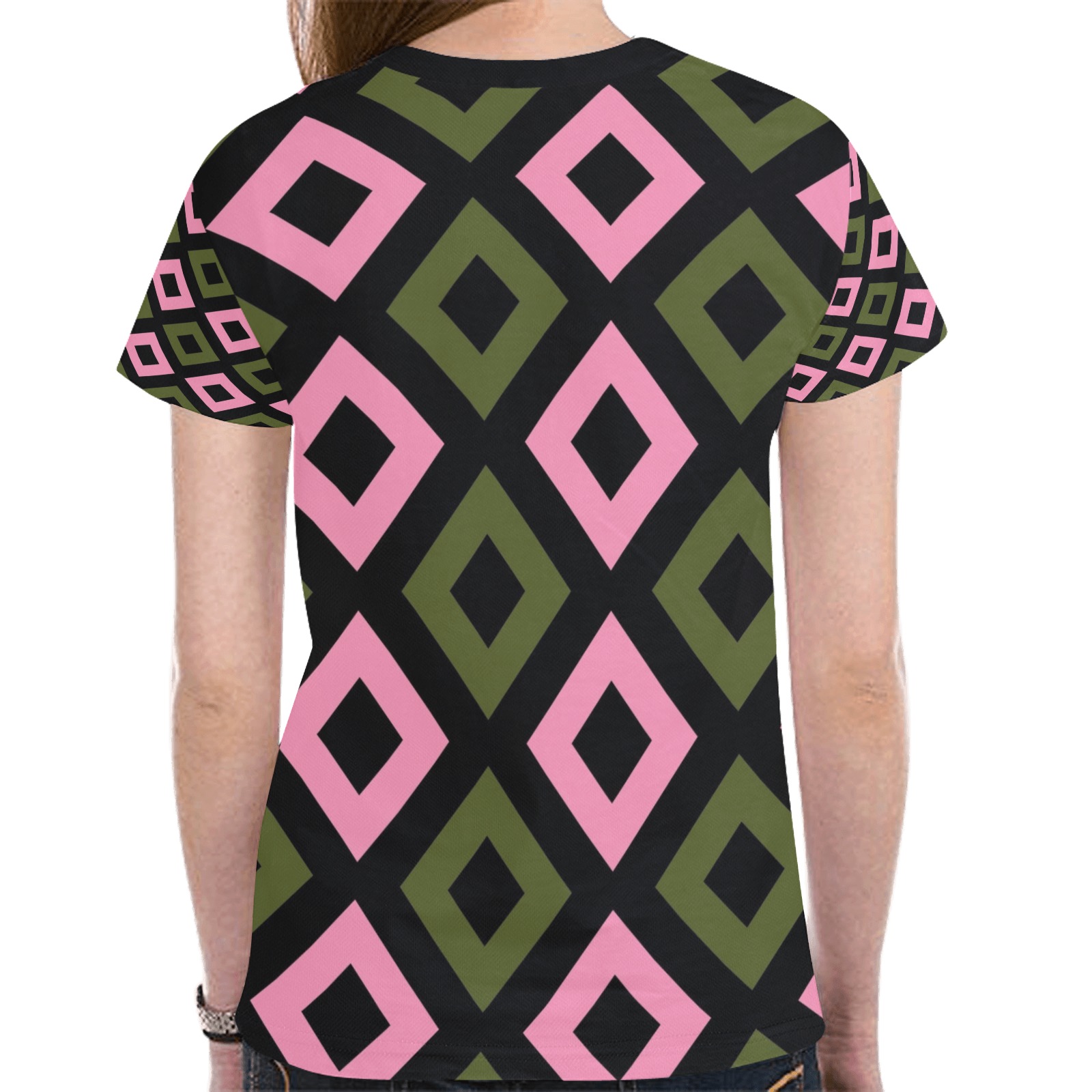 Diamond Square Pink Olive Drab Green New All Over Print T-shirt for Women (Model T45)