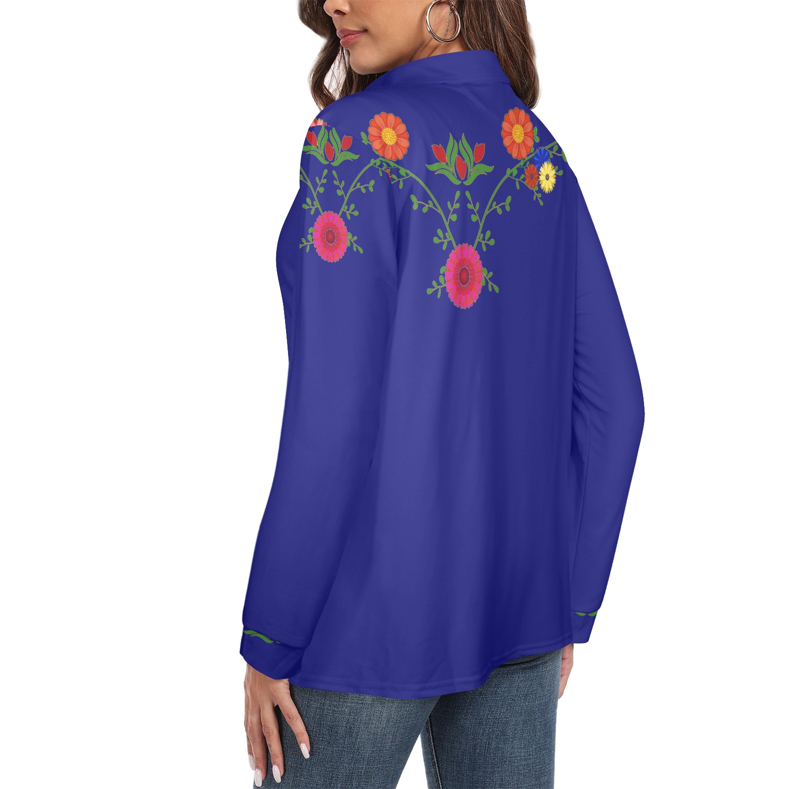 Flowers on the Vine Row / Blue Women's Long Sleeve Polo Shirt (Model T73)