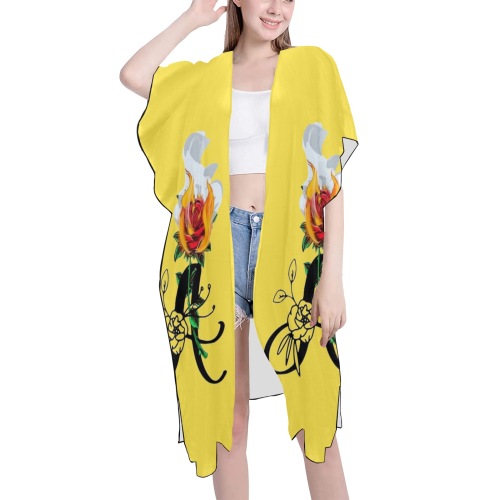 Aromatherapy Apparel Chiffon Cover up Yellow Mid-Length Side Slits Chiffon Cover Ups (Model H50)