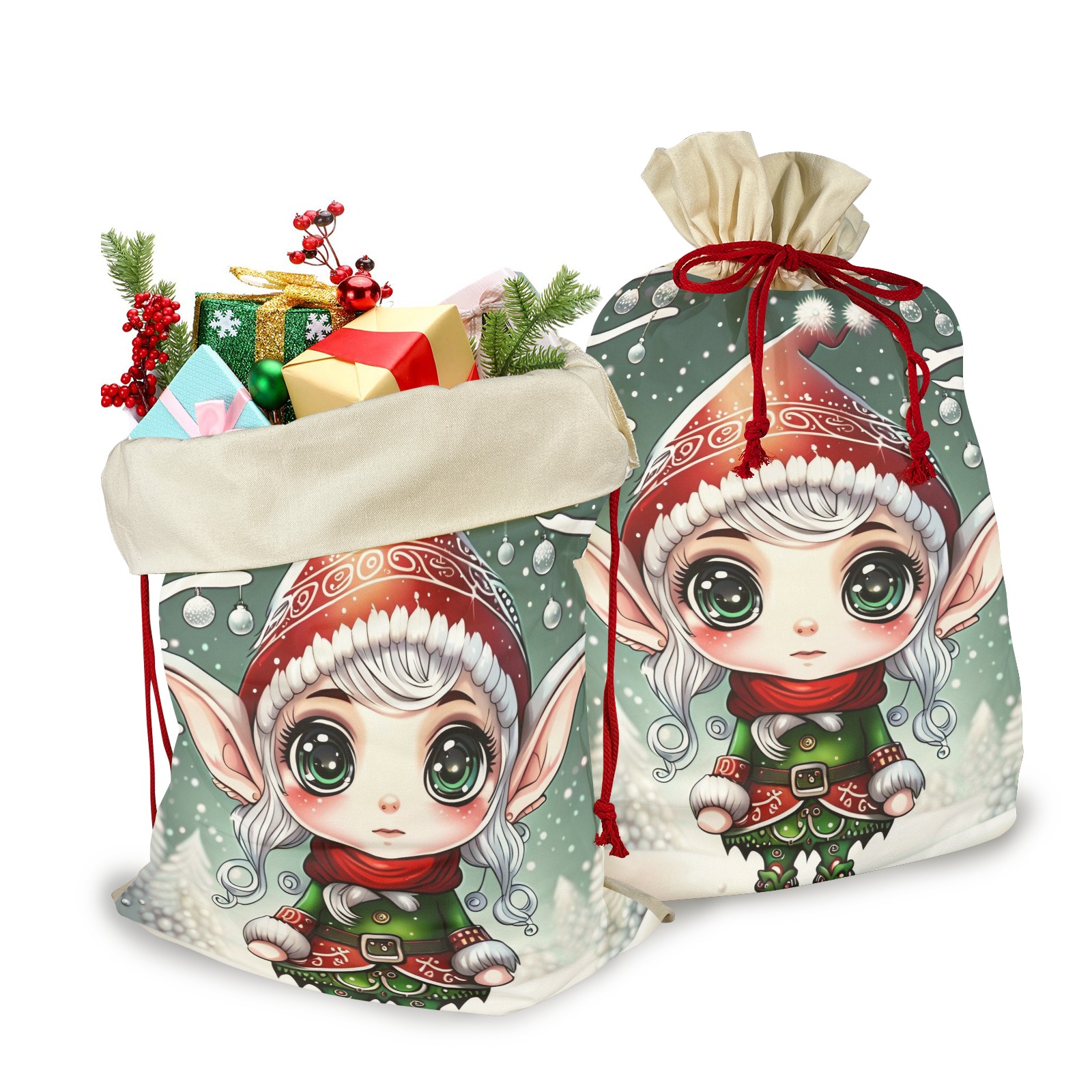 Christmas Elf 3 Pack Santa Claus Drawstring Bags (Two Sides Printing)