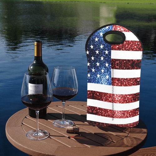 Sparkly USA flag America Red White Blue faux Sparkles patriotic bling 4th of July 2-Bottle Neoprene Wine Bag