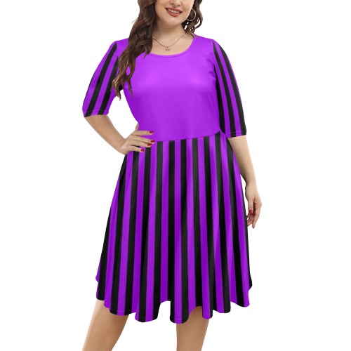 Purple and Black Stripes Pattern Half Sleeve Skater Dress (Model D61)