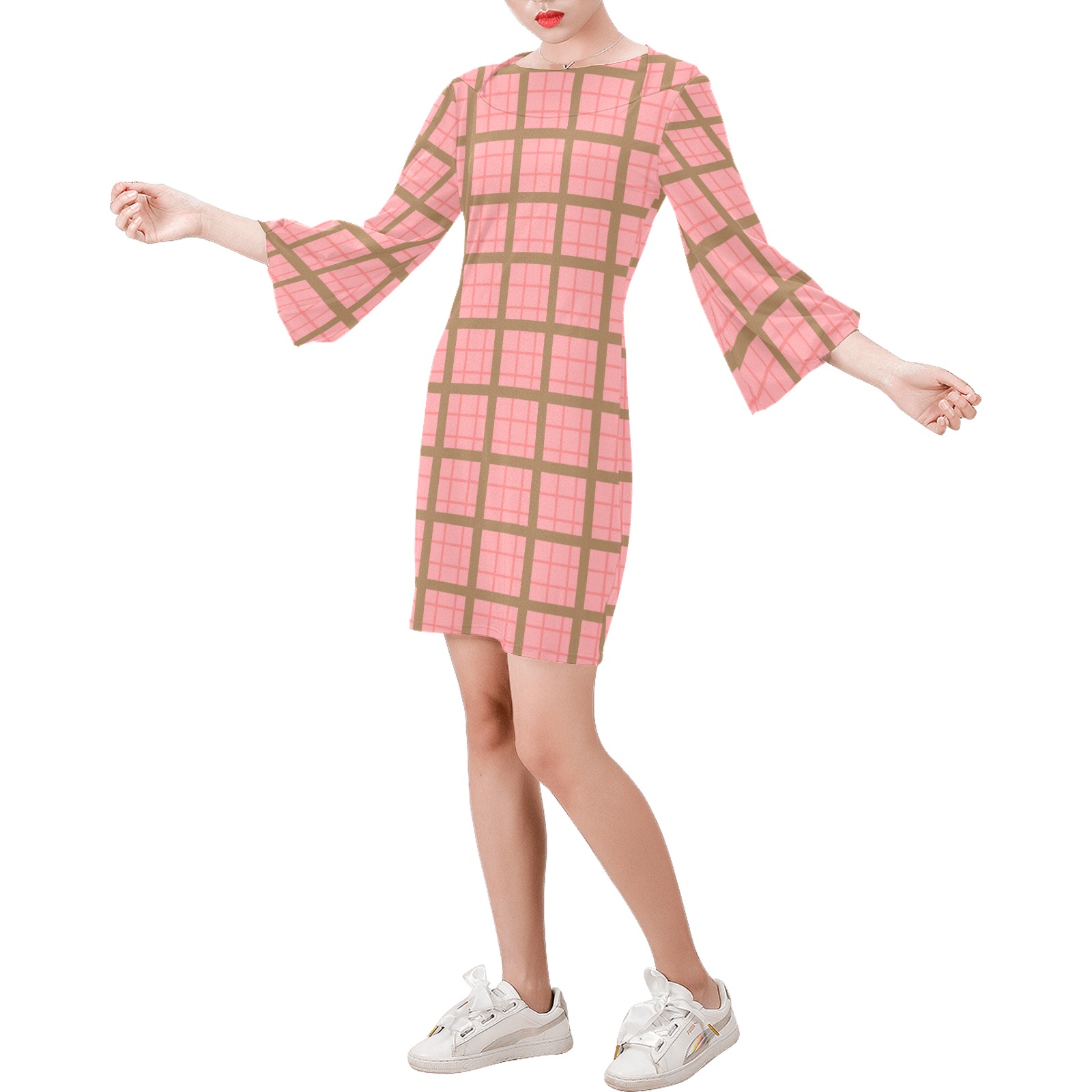pink and tan Bell Sleeve Dress (Model D52)