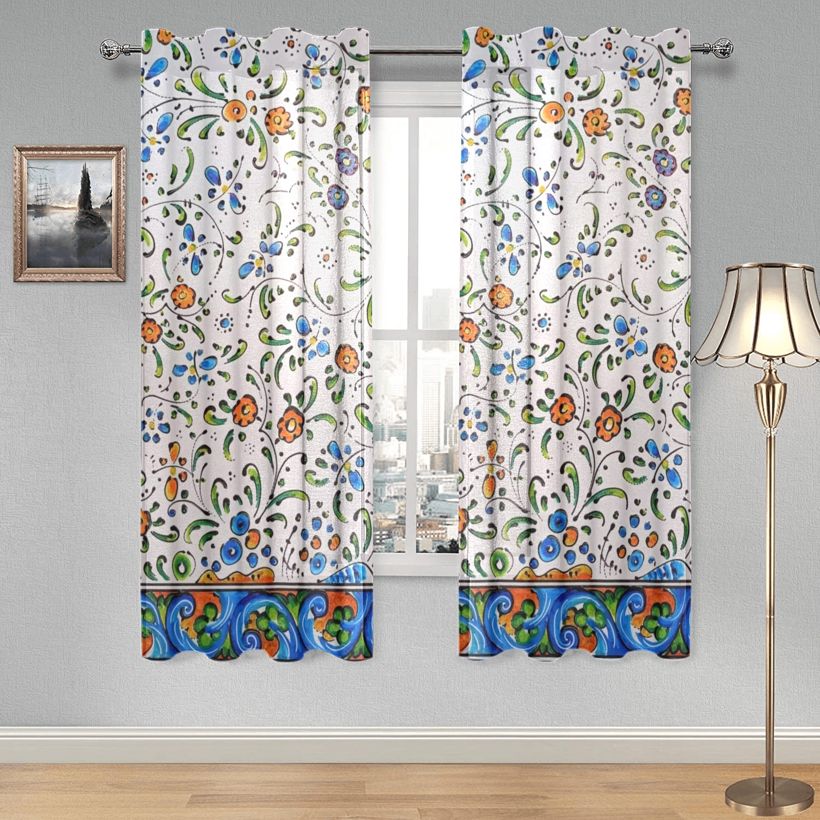 Floral Gauze Curtain 28"x63" (Two-Piece)