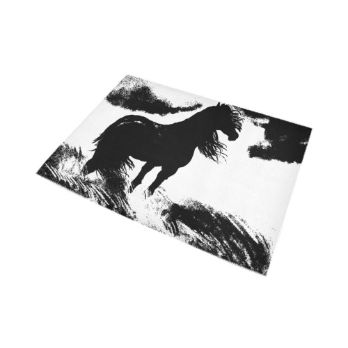 Horse Long Hair - Black - Clouds - Grass Transparent Area Rug7'x5'