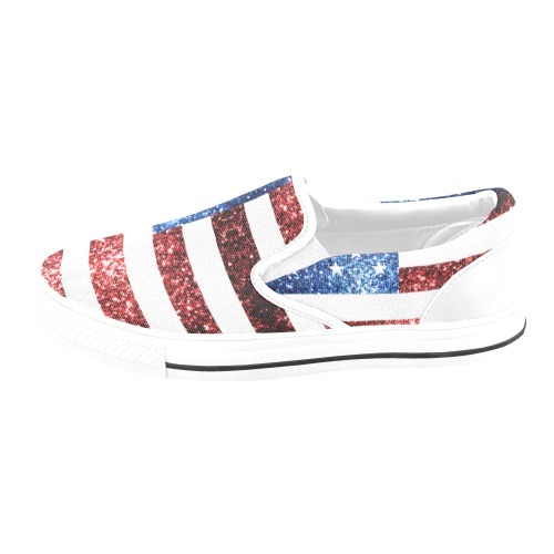 Sparkly USA flag America Red White Blue faux Sparkles patriotic bling 4th of July Women's Slip-on Canvas Shoes (Model 019)