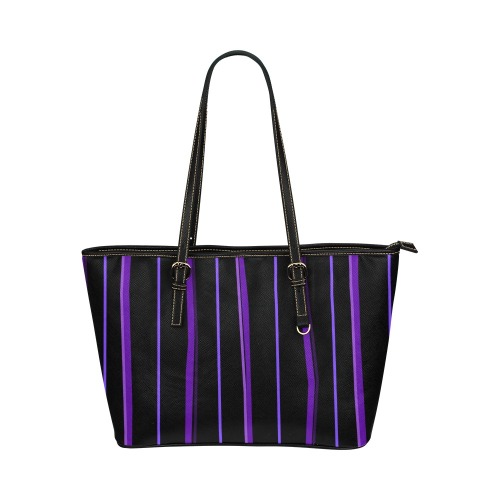 Ultraviolet Purple Stripes on Black Leather Tote Bag/Large (Model 1651)