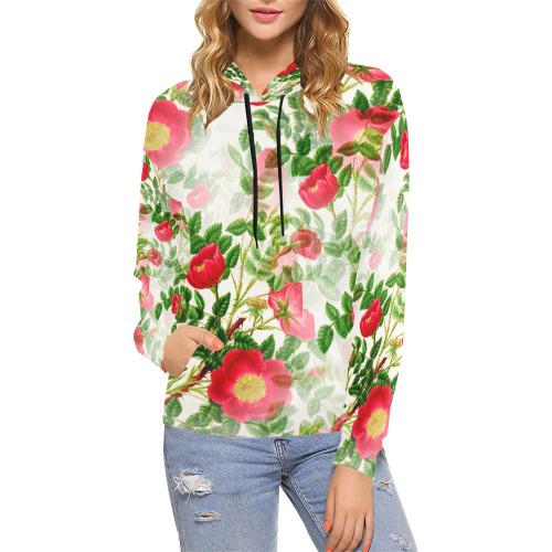 Vintage Red Floral Blossom All Over Print Hoodie for Women (USA Size) (Model H13)