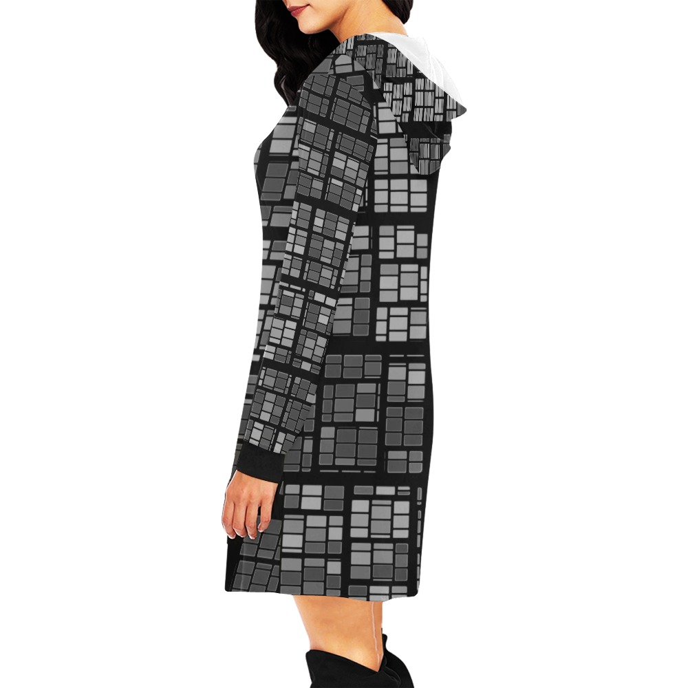 Complex Black and Gray Color Blocks Geometric All Over Print Hoodie Mini Dress (Model H27)