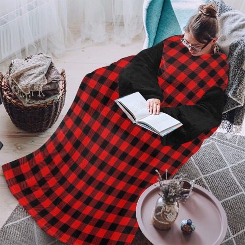 LUMBERJACK Squares Fabric - red black Blanket Robe with Sleeves for Adults