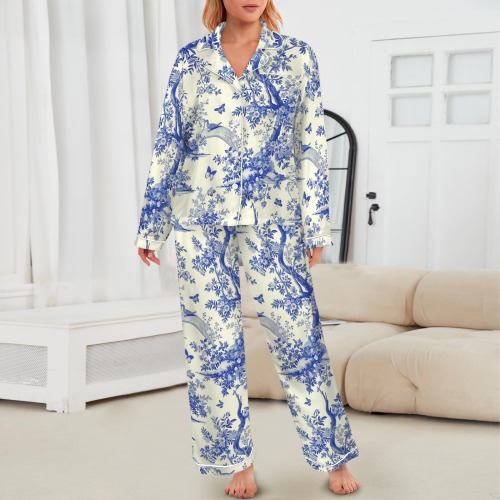 Blue Toile de Jouy Long Sleeve Satin Womens Pajamas