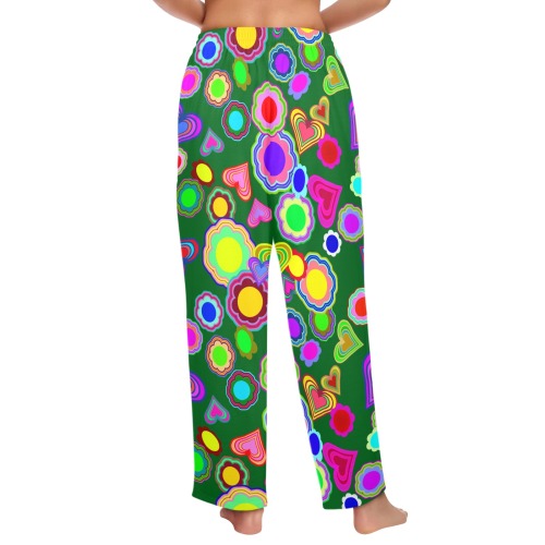Groovy Hearts and Flowers Green Women's Pajama Trousers without Pockets