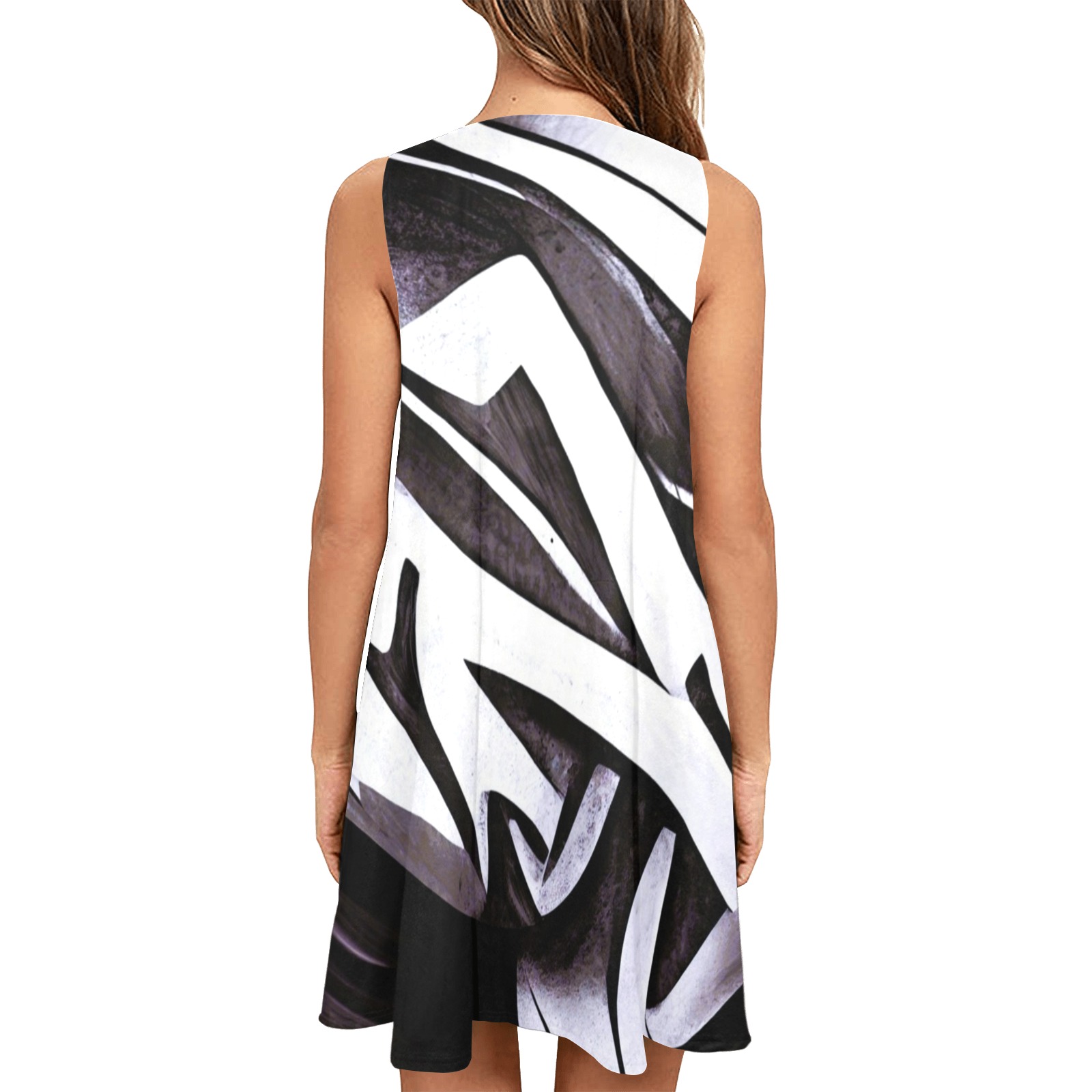 Black and white Abstract graffiti style Sleeveless A-Line Pocket Dress (Model D57)