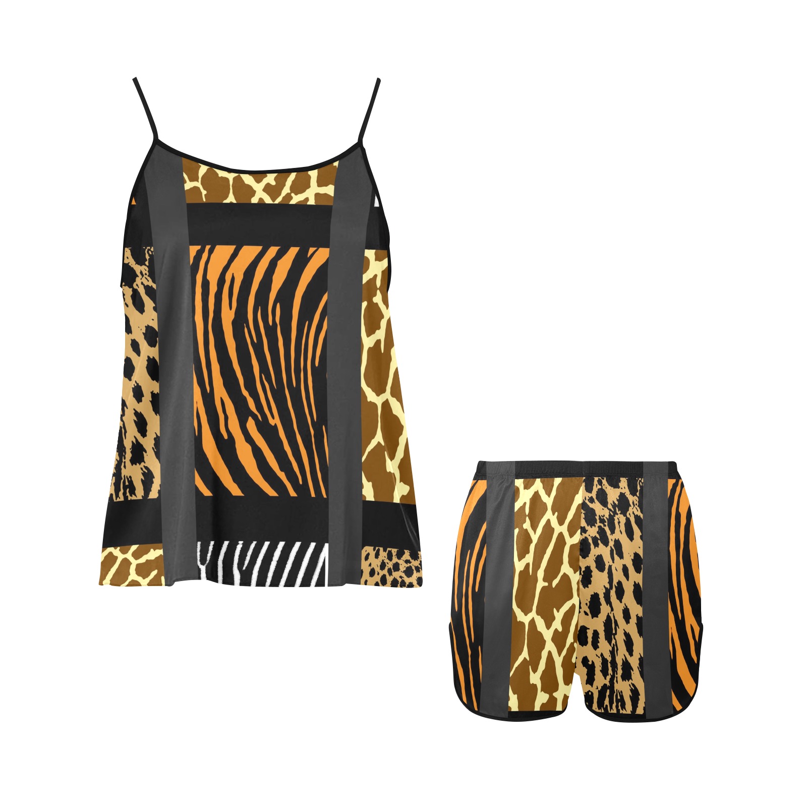 Mixed Animal Print Women's Spaghetti Strap Short Pajama Set