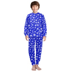 Christmas White Snowflakes on Blue Big Boys' Crew Neck Long Pajama Set