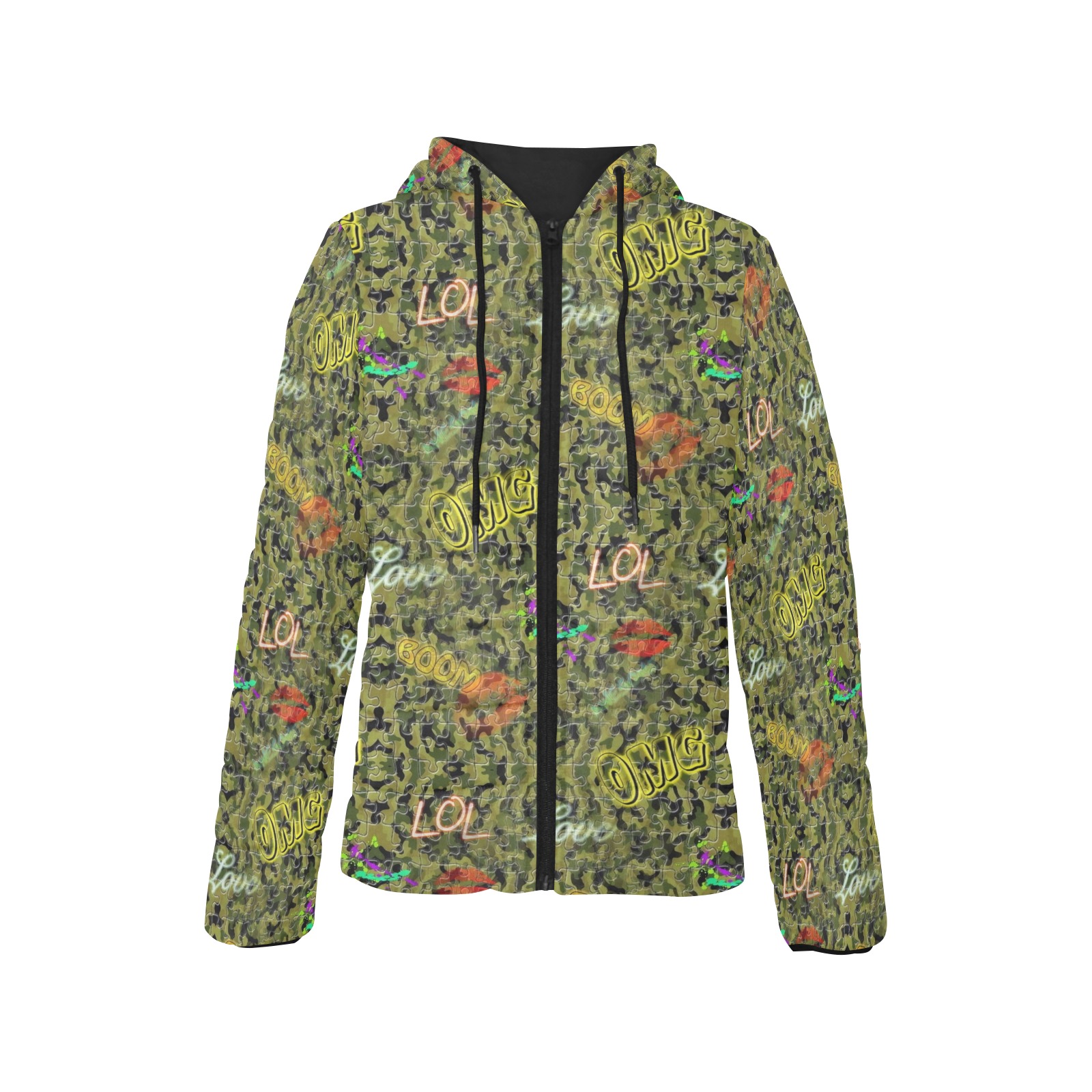 Camouflage Pop Art by Nico Bielow Women's Padded Hooded Jacket (Model H46)