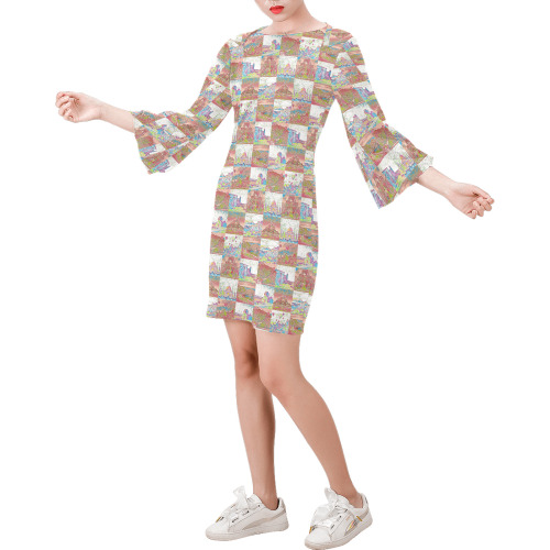 Big Pink and White World travel Collage Pattern Bell Sleeve Dress (Model D52)