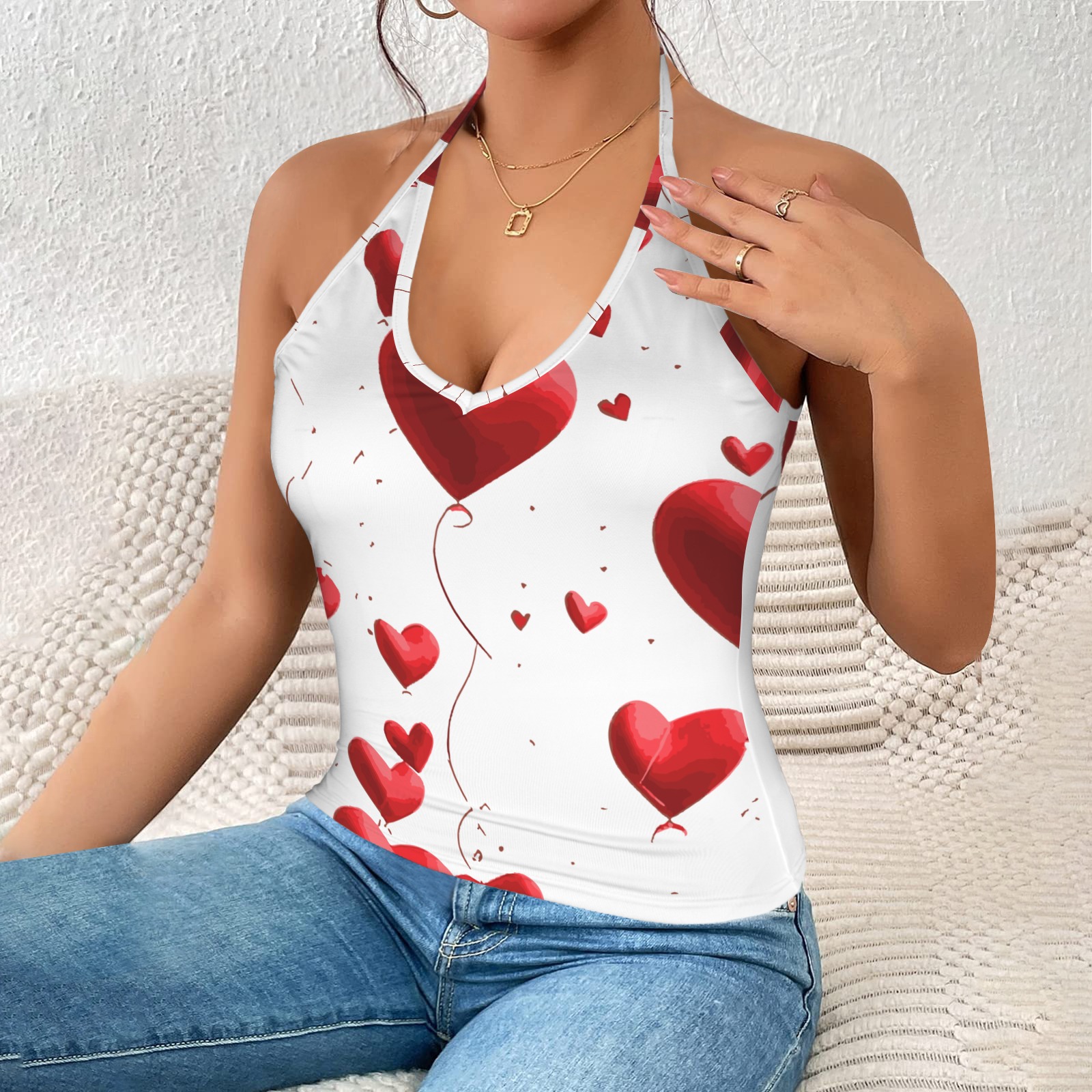 heart print Women's V-Neck Halter Top (Model T83)