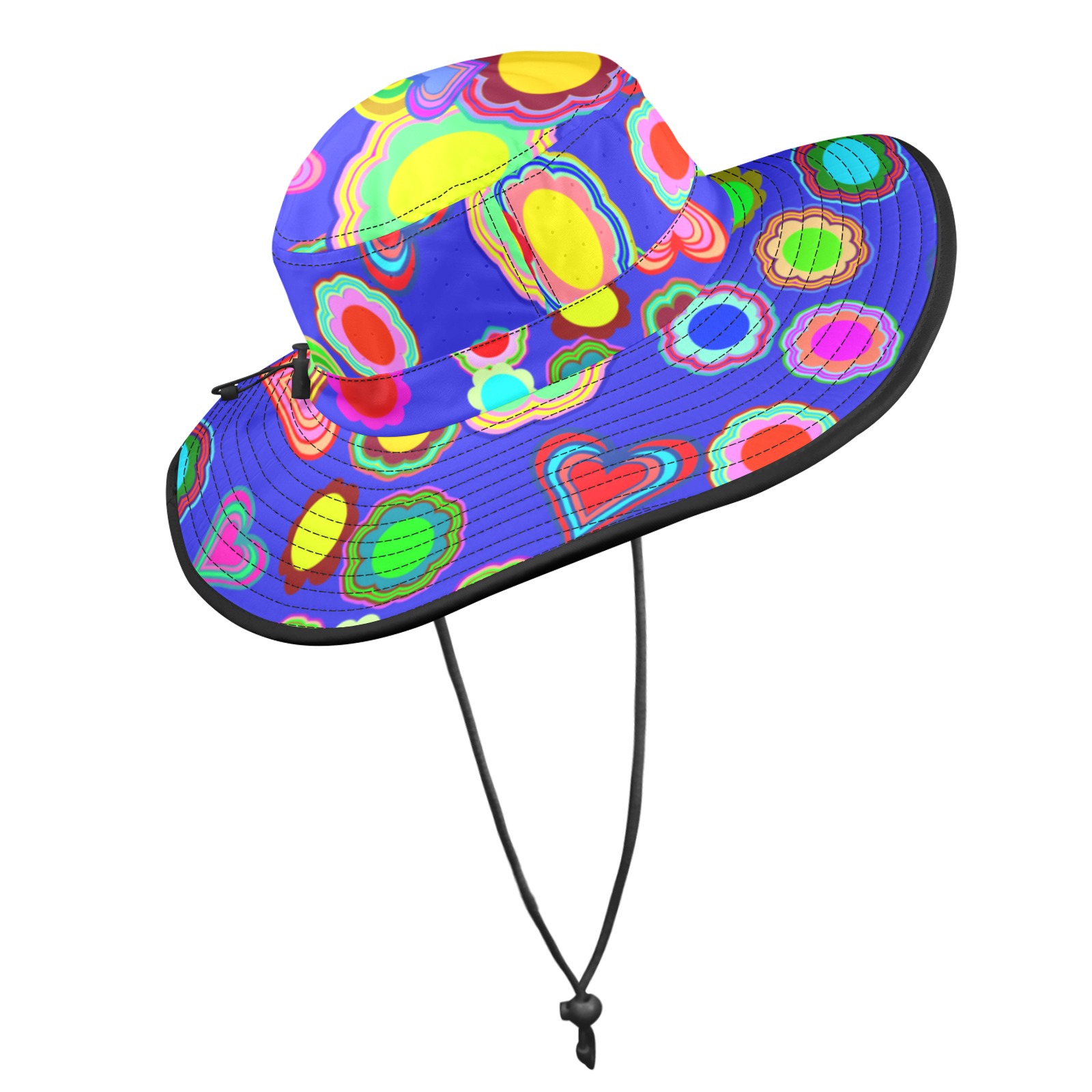Groovy Hearts and Flowers Blue Wide Brim Bucket Hat