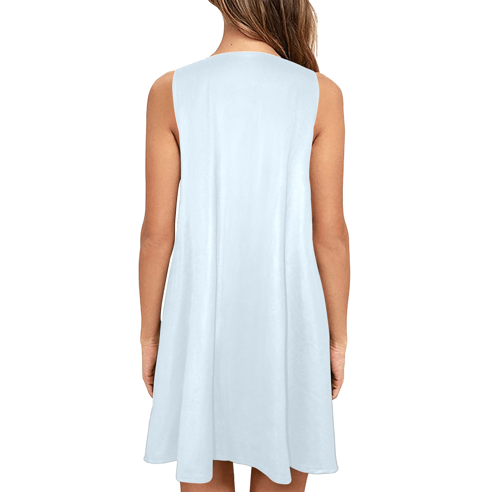 Patchwork Heart Teddy Light Blue Sleeveless A-Line Pocket Dress (Model D57)