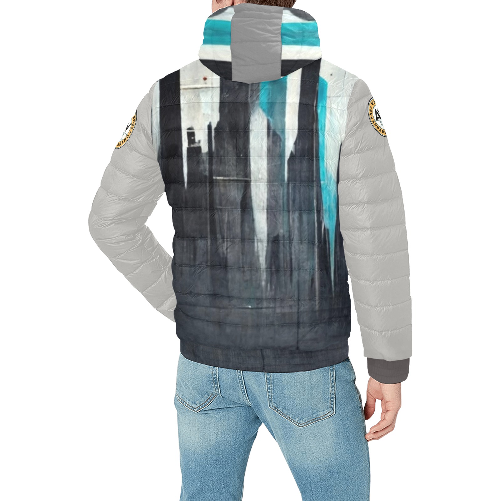graffiti building's turquoise and black Men's Padded Hooded Jacket (Model H42)