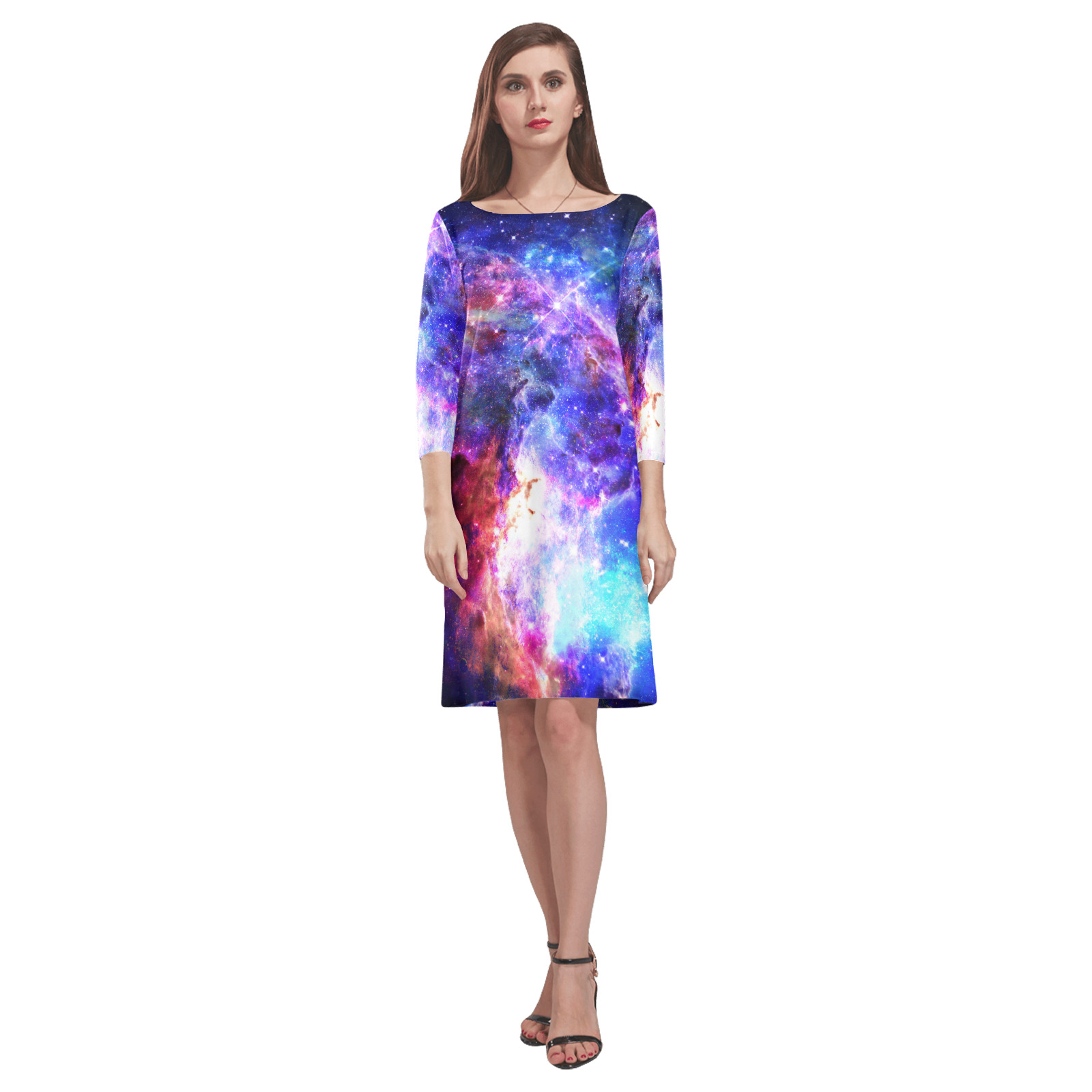 Mystical fantasy deep galaxy space - Interstellar cosmic dust Rhea Loose Round Neck Dress(Model D22)