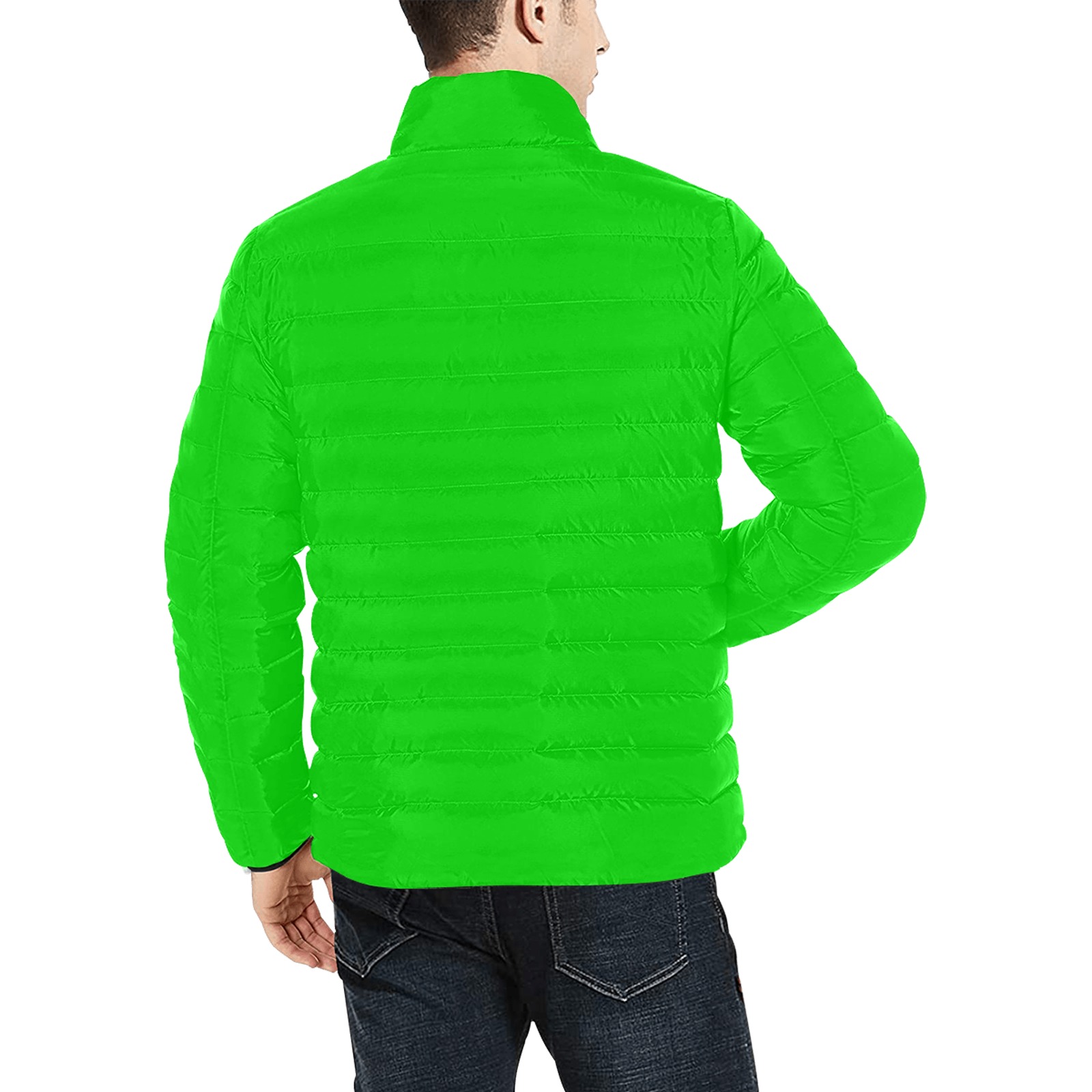 Merry Christmas Green Solid Color Men's Stand Collar Padded Jacket (Model H41)