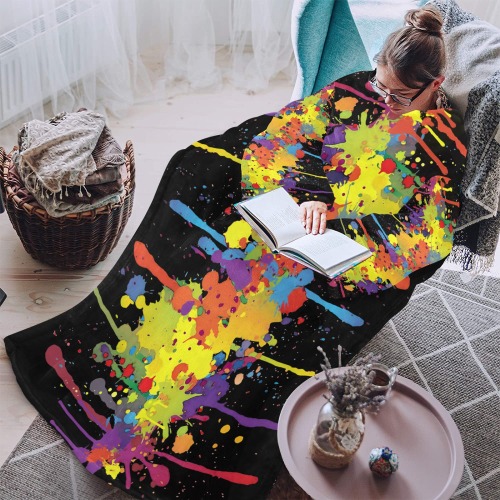 CRAZY multicolored double running SPLASHES Blanket Robe with Sleeves for Adults