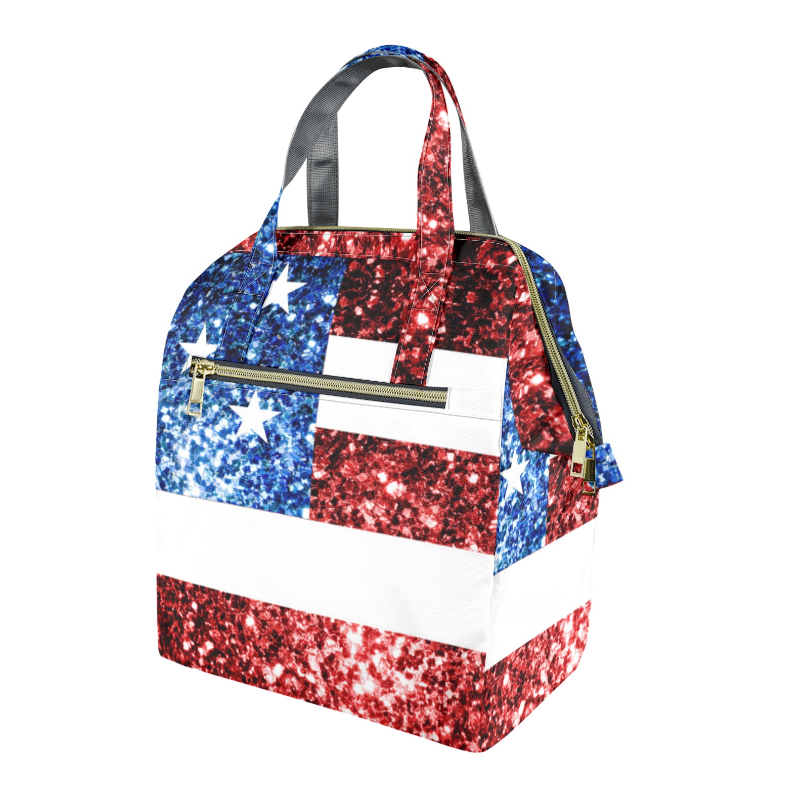 Sparkly USA flag America Red White Blue faux Sparkles patriotic bling 4th of July Portable Insulated Lunch Bag (1743)