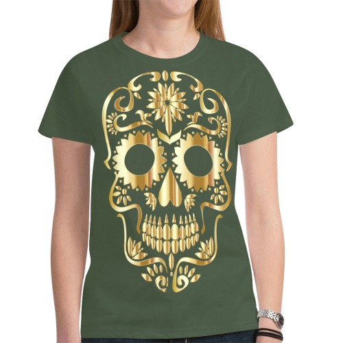 Golden Sugar Skull Forest Green New All Over Print T-shirt for Women (Model T45)