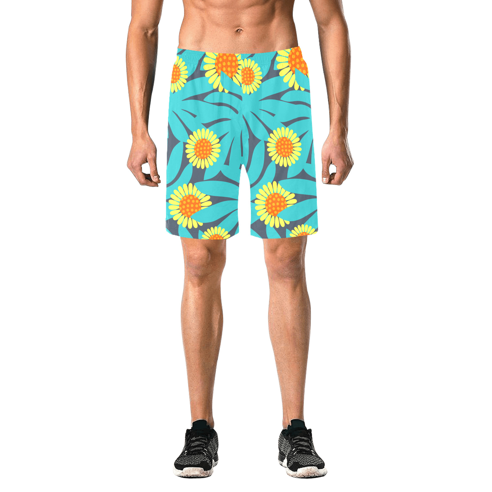 Yellow and Teal Paradise Jungle Flowers and Leaves Men's All Over Print Elastic Beach Shorts (Model L20)