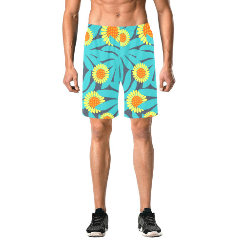 Yellow and Teal Paradise Jungle Flowers and Leaves Men's All Over Print Elastic Beach Shorts (Model L20)