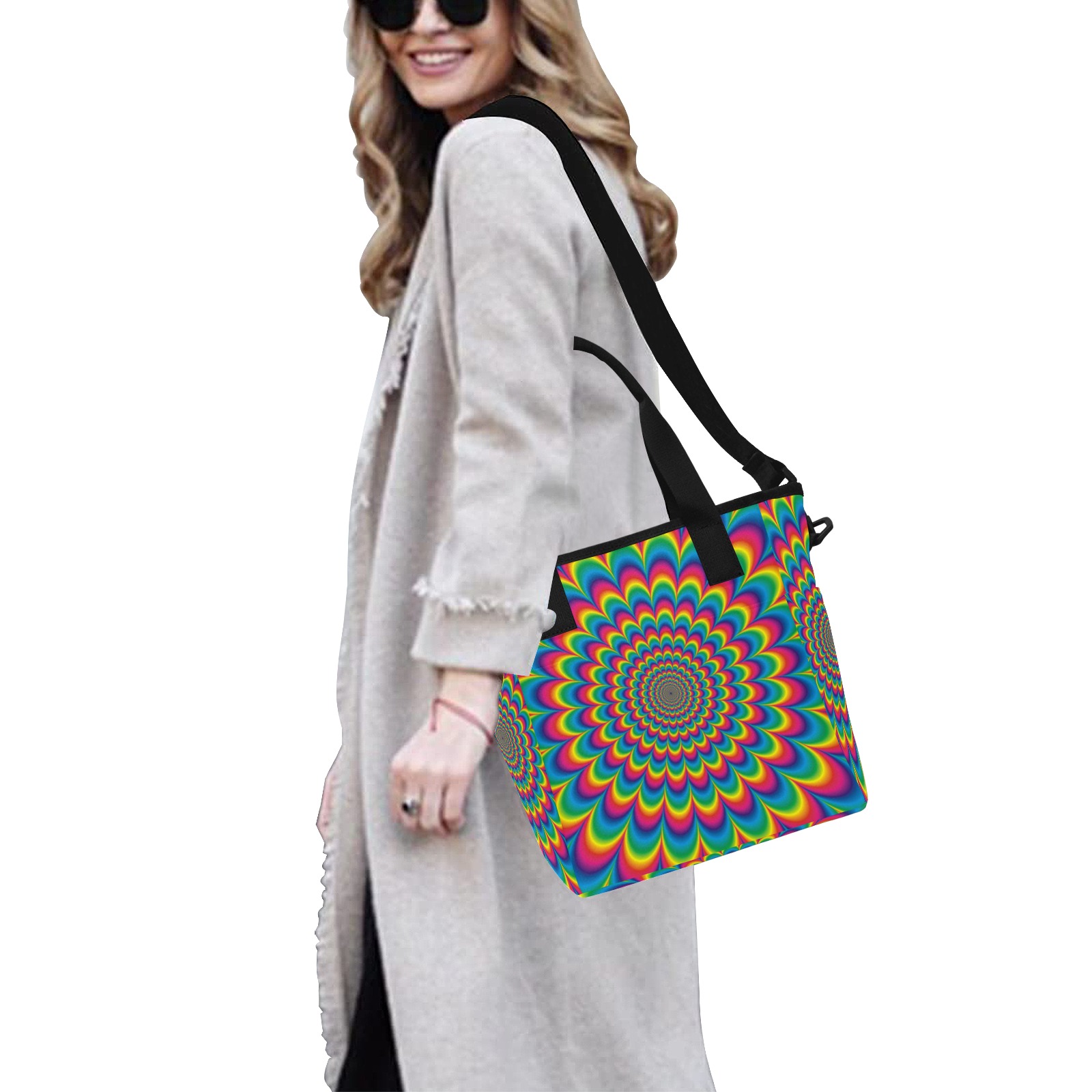 Crazy Psychedelic Flower Power Hippie Mandala Insulated Tote Bag with Shoulder Strap (Model 1724)
