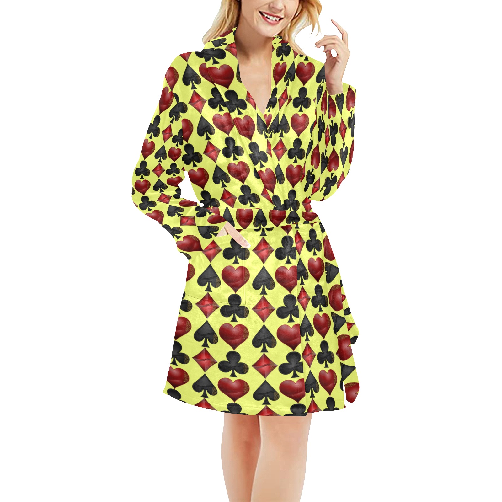 Black Red Playing Card Shapes - Yellow Women's All Over Print Night Robe