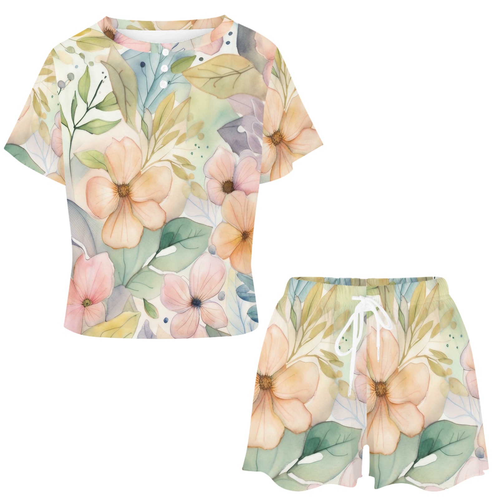 Watercolor Floral 1 Women's Mid-Length Shorts Pajama Set