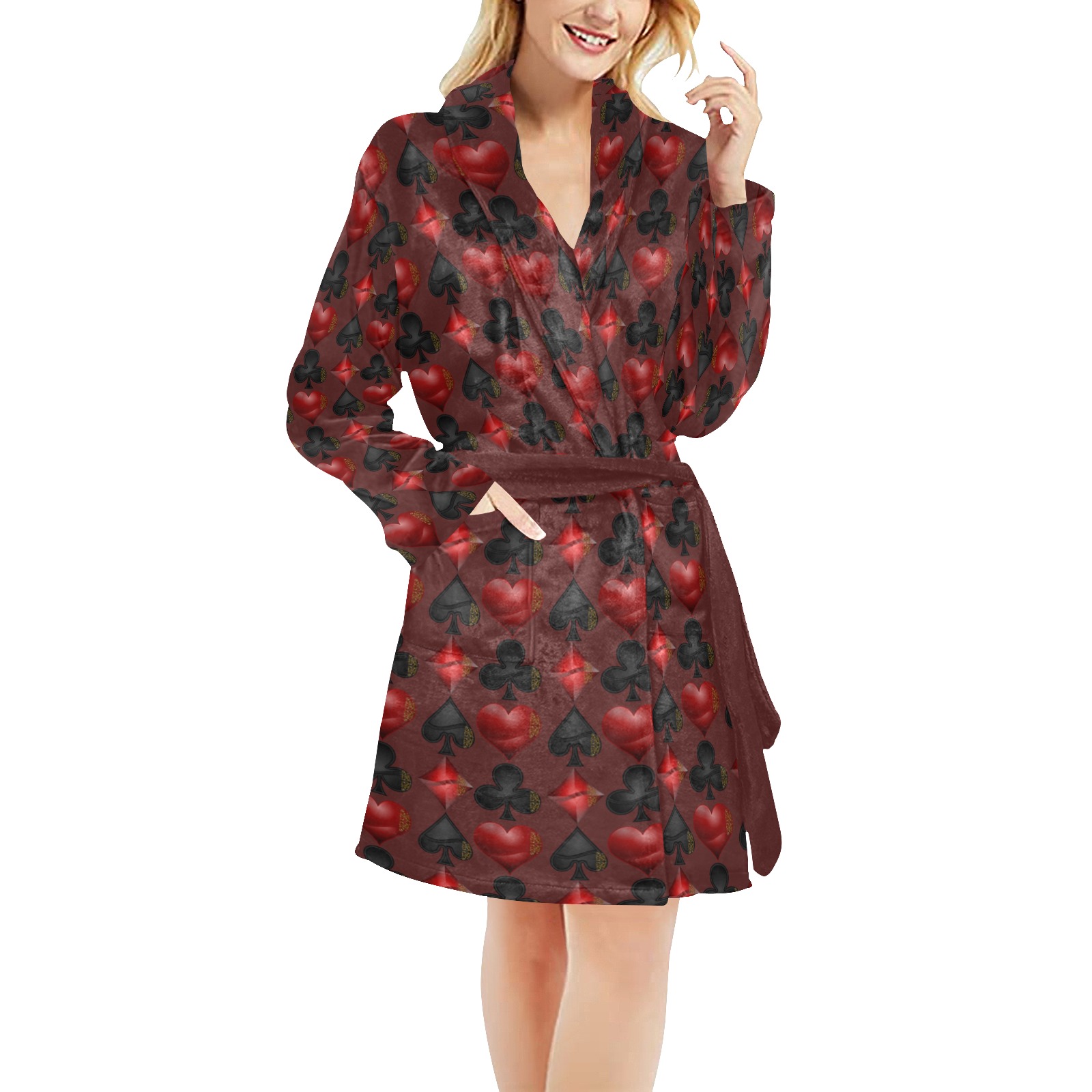 Black Red Playing Card Shapes - Brown Women's All Over Print Night Robe