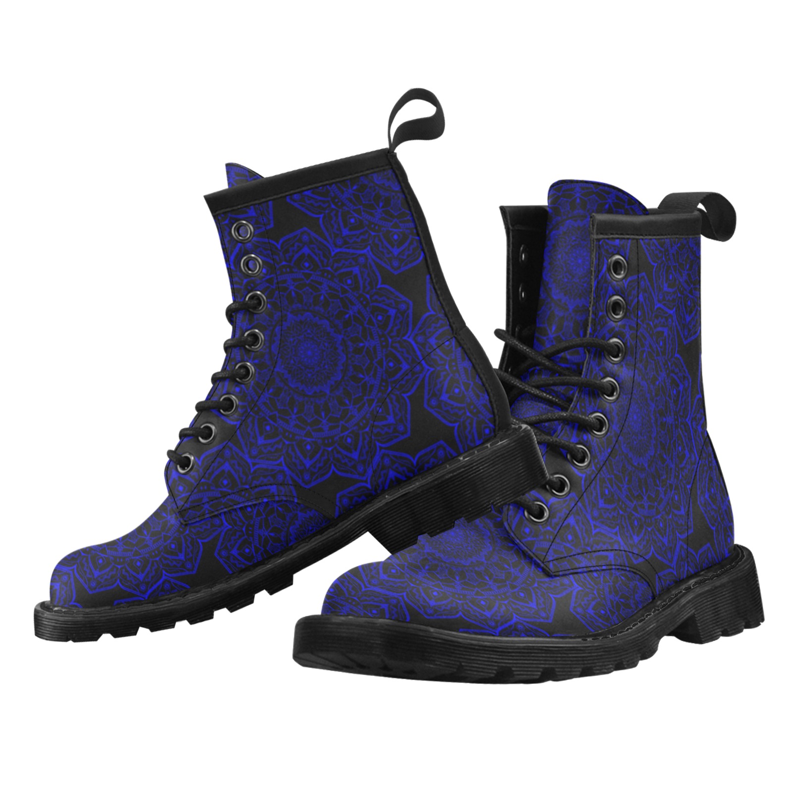 Blue and Black Mandala Women's PU Leather Martin Boots (Model 402H)
